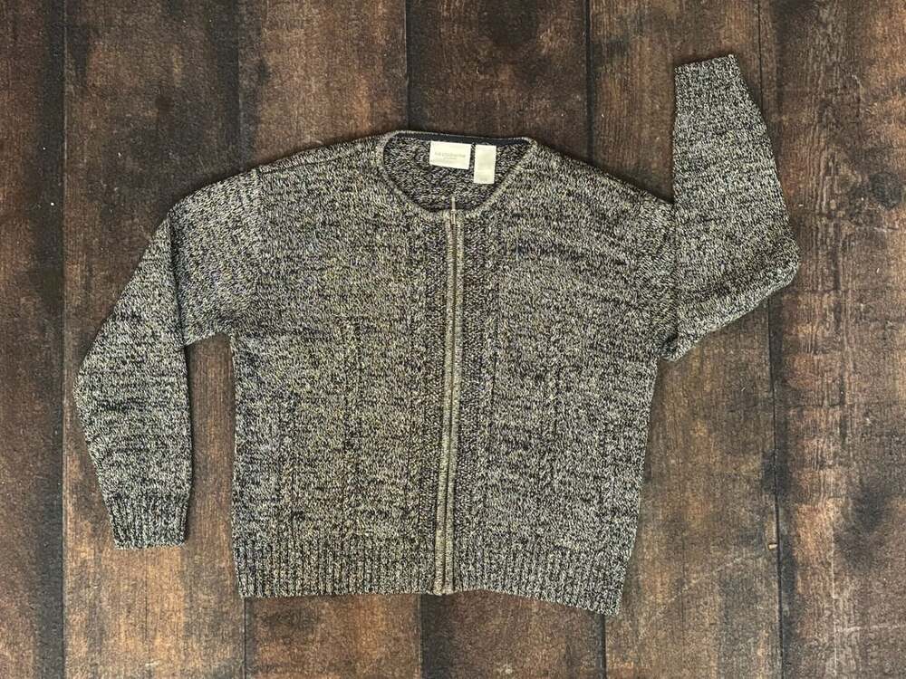 Liz Claiborne Zip Cardigan Sweater Size L Black Marled Cotton